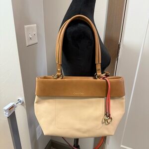 Calvin‎ Klein Two Tone Beige Tan Leather Shoulder Bag Purse Open Top Neutral